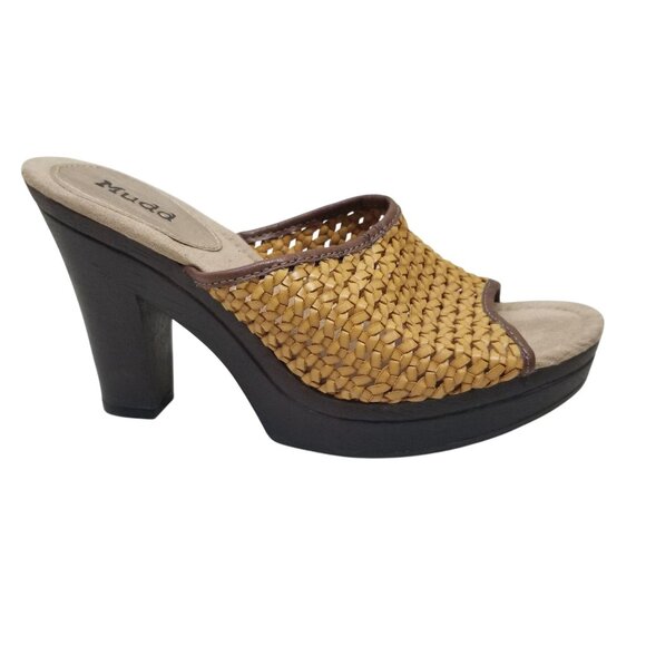 Mudd 9 Sandals Open Toe Mustard Yellow Basket Weave Heels Platforms Y2K - Picture 9 of 10